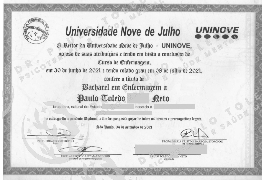 Toledo Psican�lise - Diploma da Forma&ccedil;&atilde;o em Enfermagem pela Universidade Nove de Julho (UNINOVE)