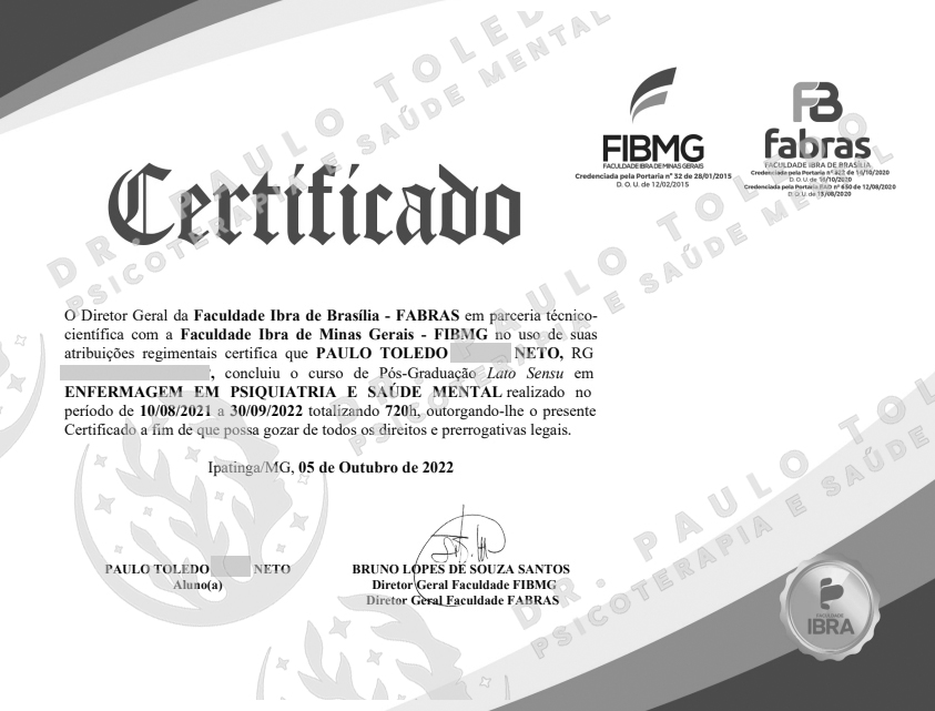 Toledo Psican�lise - Especializa&ccedil;&atilde;o em Enfermagem em Psiquiatria e Sa&uacute;de Mental pela Faculdade IBRA