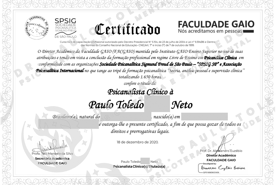 Toledo Psican�lise - Forma&ccedil;&atilde;o em Psican&aacute;lise Cl&iacute;nica (Teoria, Supervis&atilde;o e Pr&aacute;tica) pela Faculdade GAIO