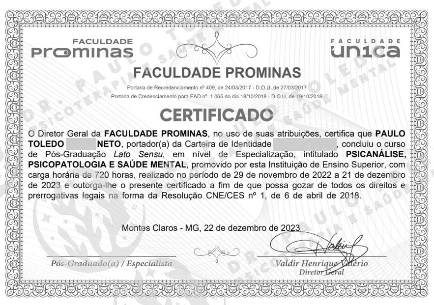 Toledo Psican�lise - Especializa&ccedil;&atilde;o em Psican&aacute;lise, Psicopatologia e Sa&uacute;de Mental pela Faculdade Prominas