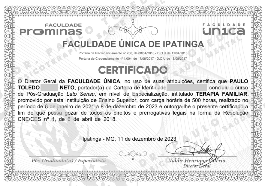 Toledo Psican�lise - Especializa&ccedil;&atilde;o em Terapia Familiar pela Faculdade de &Uacute;nica de Ipatinga