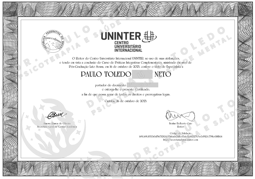 Toledo Psican�lise - Especializa&ccedil;&atilde;o em Pr&aacute;ticas Integrativas Complementares pela UNINTER