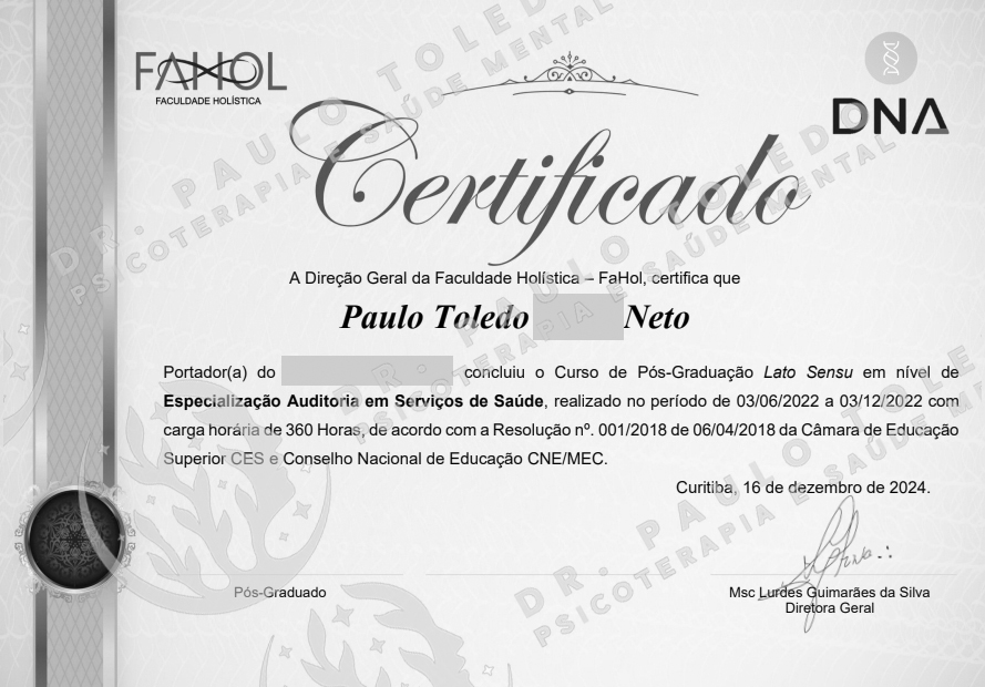 Toledo Psican�lise - Especializa&ccedil;&atilde;o em Auditoria em Sa�de pela DNA P�s Gradua��o